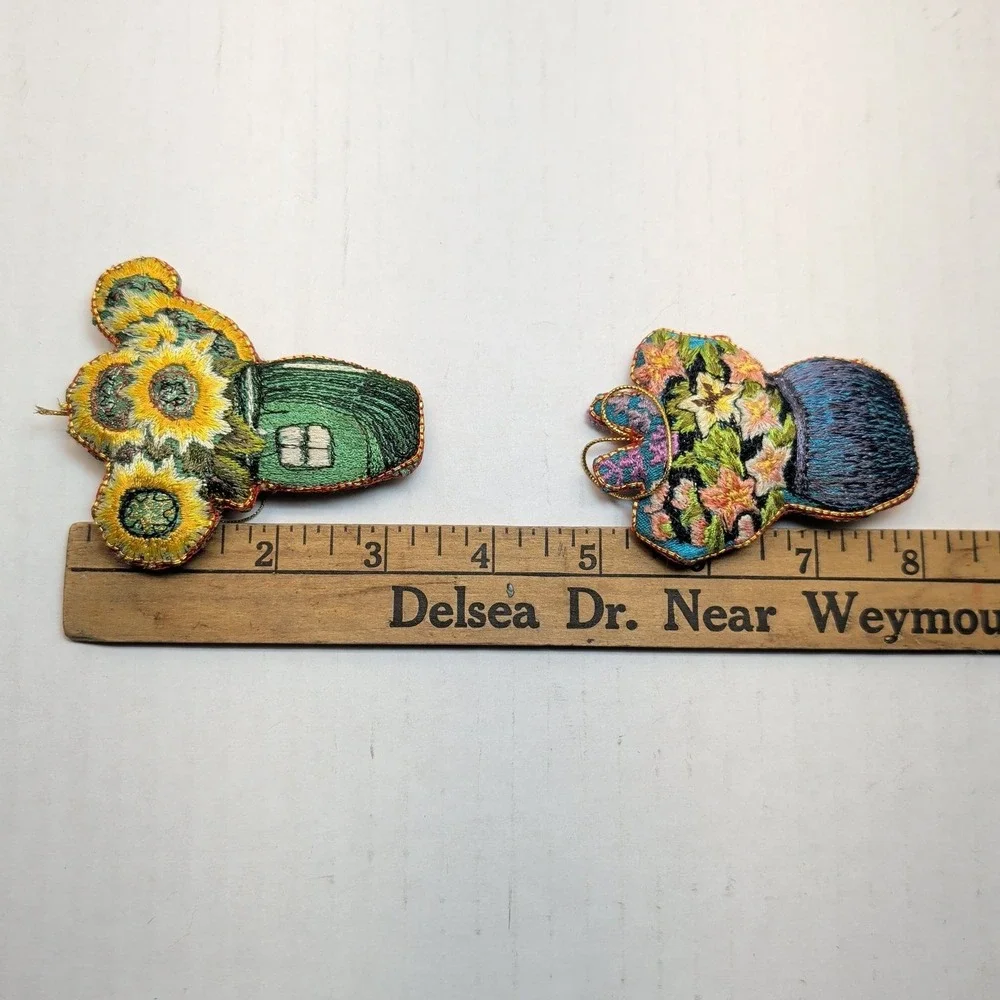 Set of 4 Embroidered Floral Ornaments Sunflower Daffodil Botanical Garden Decor